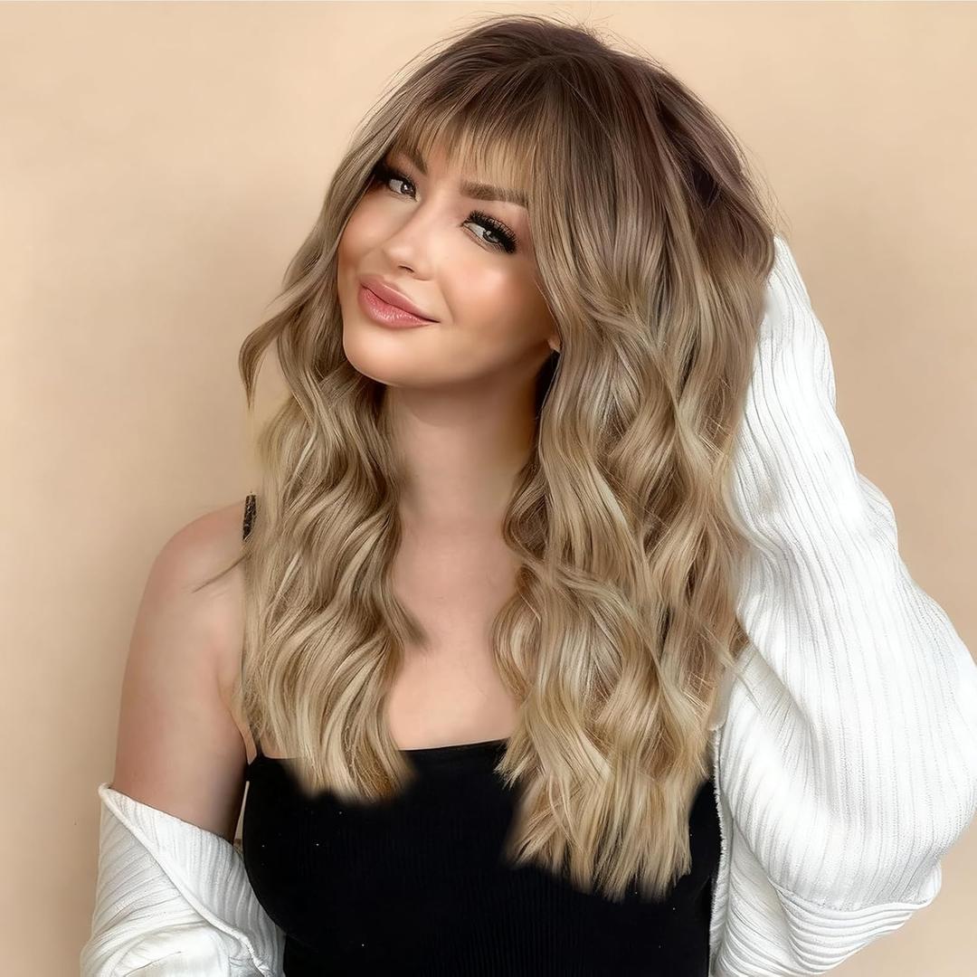 XIXIBI Ombre Blonde Wigs with Bangs Blonde Wigs for Women Long Wavy Curly Ombre Wig with Dark Root Synthetic Wig for Women Daily Party Use (20inch)