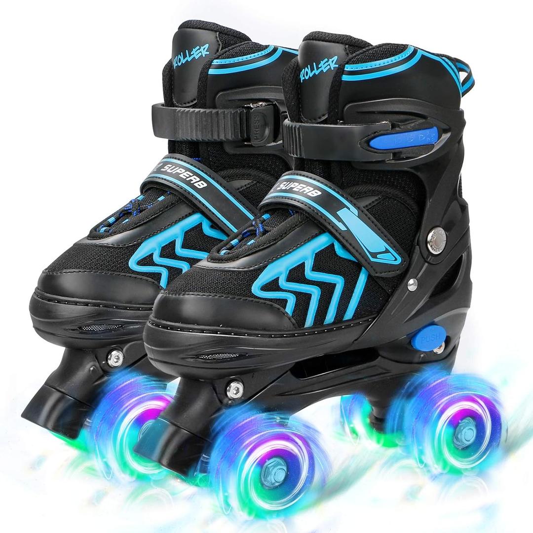 Adjustable Toddler Kids Roller Skates with Light Up Wheels for Boys Girls Beginners for Indoor Outdoor Sports (Medium - Big Kid, Black&Blue)