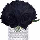 Fule Artificial Silk Rose Flower Centerpiece Arrangement in Glass Vase with LED Light for Home Wedding Decoration (Black)