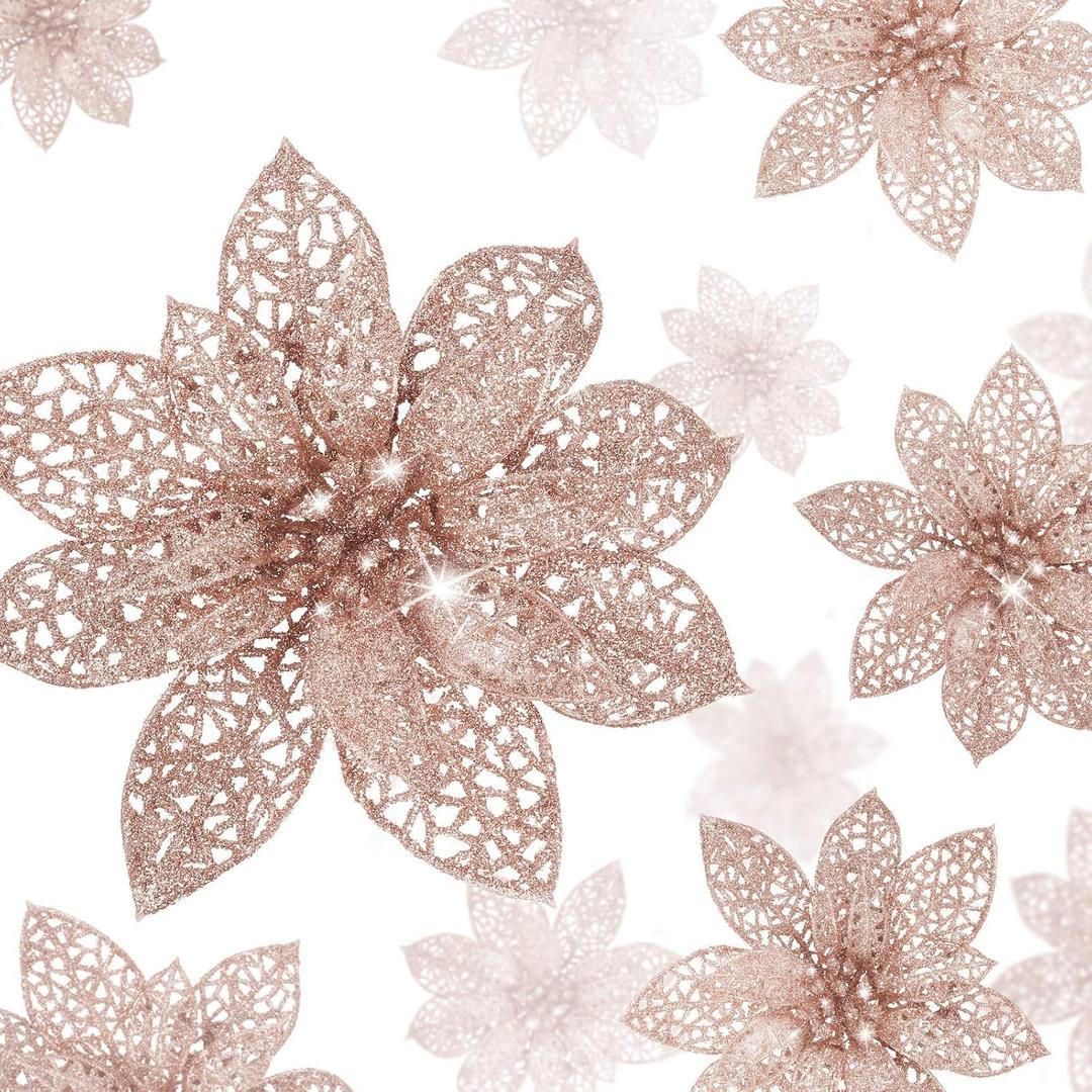 WILLBOND 36 Pieces Christmas Poinsettia Flowers Artificial Ornaments Glitter Christmas Decorations Tree Wedding New Year(Rose Gold)