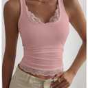 SOLY HUX Lace Camisole Tank Tops for Women Cute Trendy Lace Trim Coquette Going Out Crop Tops for Girls Solid Pink Large (Pink, L)