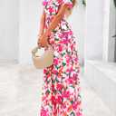 PRETTYGARDEN Women's 2026 Summer Boho Maxi Dresses Floral Short Sleeve V Neck A Line Tiered Flowy Long Beach Vacation Dress (Pink, XXL)