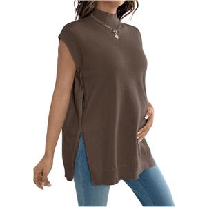 MakeMeChic Women's Maternity Turtleneck Sweater Vest Tops Mock Neck Sleeveless Slit Hem Pregnancy Knit Sweater (Brown)