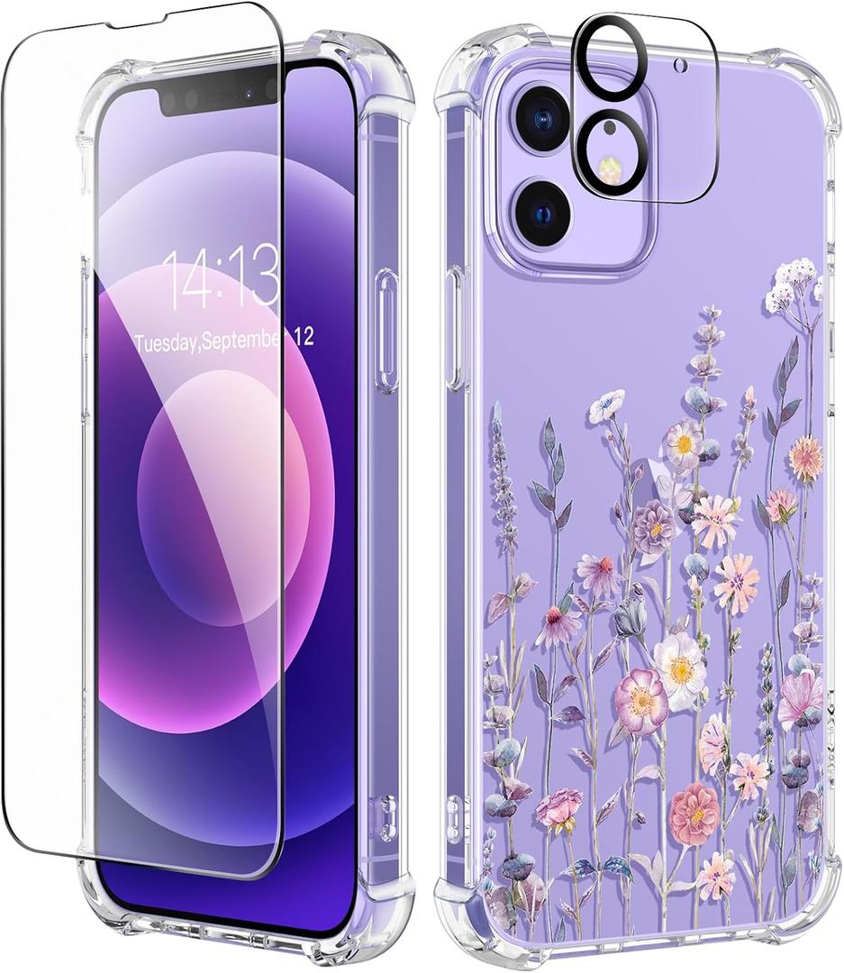 GVIEWIN for iPhone 12 Case and iPhone 12 Pro Case with Screen Protector + Camera Lens Protector, Clear Flexible TPU Shockproof Cover Women Girls Flower Pattern Phone Case 6.1 (Floratopia/Colorful)