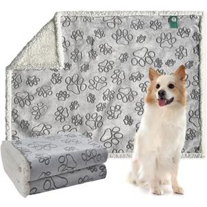 Qeils Dog Blankets for Dogs - Waterproof Pet Blanket Washable - Sherpa Fleece Puppy Blanket, Soft Plush Reversible Dog Blanket for Bed Couch Car Sofa, 40"X50", Grey Paw Print