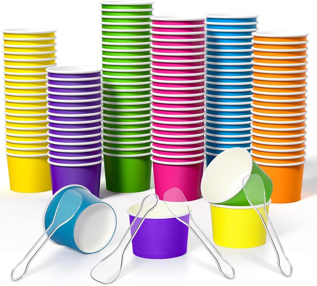 Boao 100 Set 5 oz Ice Cream Cups with Spoons Disposable Paper Sundae Dessert Bowls Summer Party Supplies (Colorful Style)