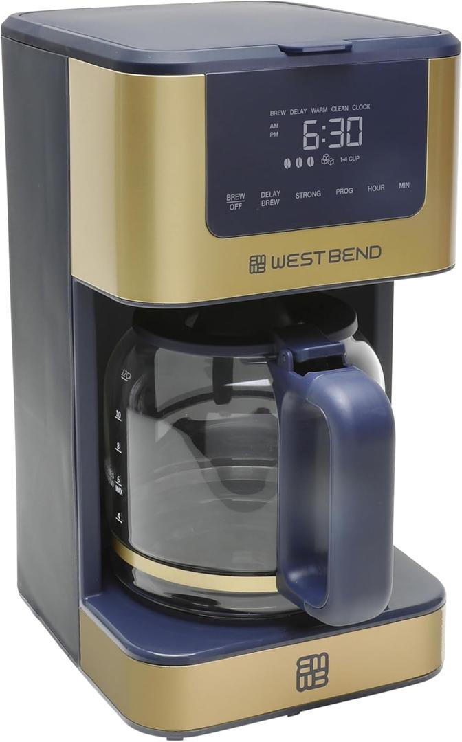 West Bend Timeless 12-Cup Programmable Coffee Maker with Brew Strength Selector for Hot and Iced Coffee, Includes 1-4 Cup Brew Option and Permanent Filter (Blue/Gold)