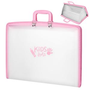 11x17 Kids Art Portfolio - Accordian File Organizer with 13 Pockets, Art Portfolio for Kids with Handle and Zipper Closure - Oxford Cloth, Frosted Translucent Artwork Folder for Children - Pink