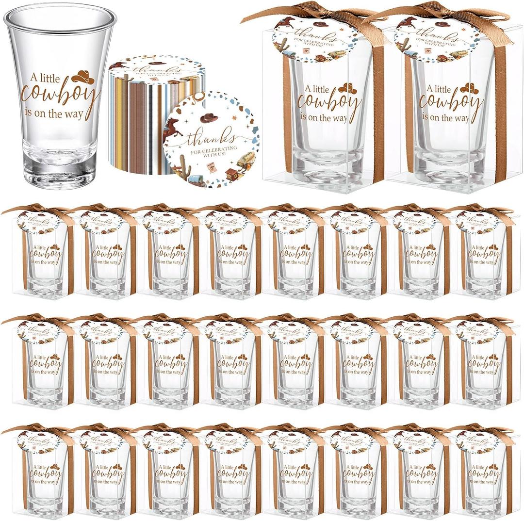 Roshtia 24 Sets Cowboy Baby Shower Favors for Guests Boy Girl Gifts Include A Little Cowboy Is on the Way Shot Glasses Thank You Tags Organza Bags Twine for Baby Shower Party Supplies