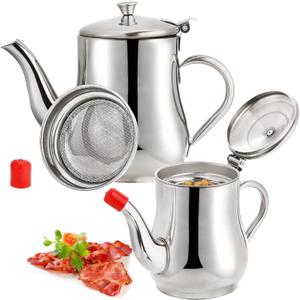 ZOOFOX 2 Pack Bacon Grease Container with Mesh Strainer, 27oz 22oz Stainless Steel Oil Storage Pot for Storing Frying Oil and Cooking Grease