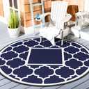 GENIMO 8' Round Outdoor Rug Waterproof for Patio Decor, Foldable Reversible Plastic Straw Area Rugs Mat for Rv, Outside Carpet for Camper, Deck, Picnic, Beach, Balcony, Camper, Blue & White