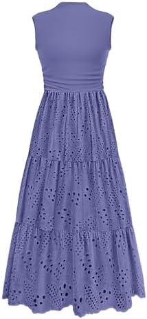 PRETTYGARDEN Summer Dresses for Women 2026 Casual Eyelet Sleeveless Wedding Guest Maxi Dress Tank Top Sundress with Pockets (XL, Dark Blue)