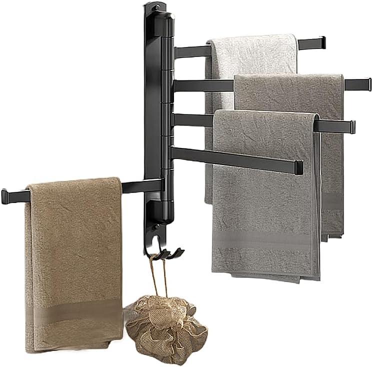 Towel Racks for Bathroom, Swivel Self-Adhesive Towel Rack Wall Mounted, 5 Bar Bathroom Towel Holder for Small Rolled Towels, Hand Towels, Black