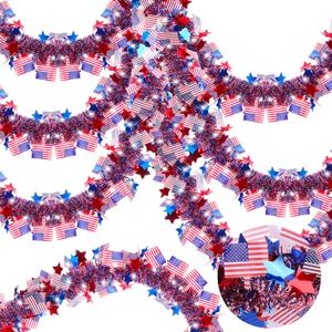 50 Feet Patriotic Tinsel Garland with USA Flags - Red White and Blue Metallic Glitter Streamers for 4th of July Decorations, Independence & Memorial Day Indoor Outdoor Party Decor