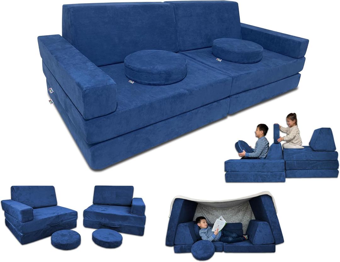Mod Blox 10 Piece Soft Modular Kids Play Couch for Boys and GirlsChild Sectional Fort Building Sofa for Toddlers Playroom with Microsuede Covers and High Density Convertible Foam Cushions (Navy Blue)