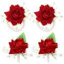 Sdfvsdg 4Pcs Red Rose Corsage and Boutonniere Set Artificial Corsage Wristlet Band Bracelet Men Boutonniere for Wedding Party Prom Decor Flowers Accessories Party