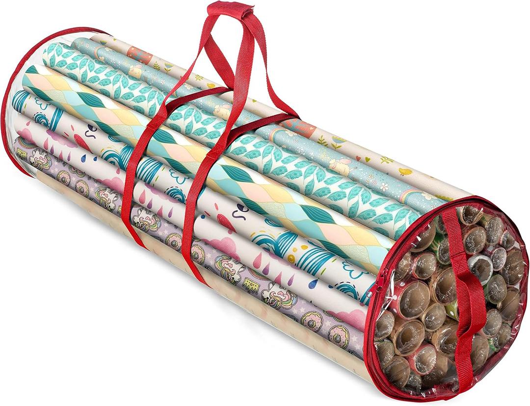 2 x ZOBER Round Christmas Gift Wrapping Paper Organizer Storage - 40 Inch Gift Wrap Storage Containers - Wrapping Paper Holder, Clear PVC Waterproof, Fits 25 Standard Rolls - Red