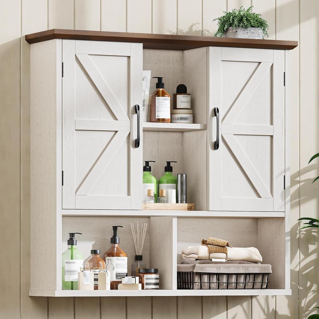 Vabches Bathroom Wall Cabinet, Farmhouse Medicine Cabinet with Double Barn Door and Adjustable Shelves, Wooden Vintage Storage Cabinet Wall Mounted for Bathroom, Kitchen Dining, Rustic White, 31.5"W x 27.95"H x 7.87"D