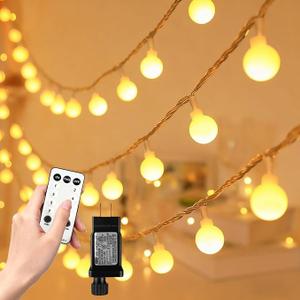 RaThun 49.2ft Warm White Globe String Lights, 100 LED with 16ft Extended Lead Wire & Remote, 8 Modes, IP44 Waterproof Plug in Linkable Lights for Outdoor Indoor Party Wedding