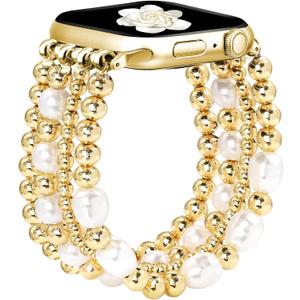 JR.DM Gold Beaded Bracelet Bands Women Compatible with Apple Watch 38mm, 40mm, 41mm, 42mm(S10/11) Dressy Fancy Stretchy Elastic Jewelry Strap Replacement for iWatch Series 11/10/9/8/7/6/5/4/3/2/1/SE