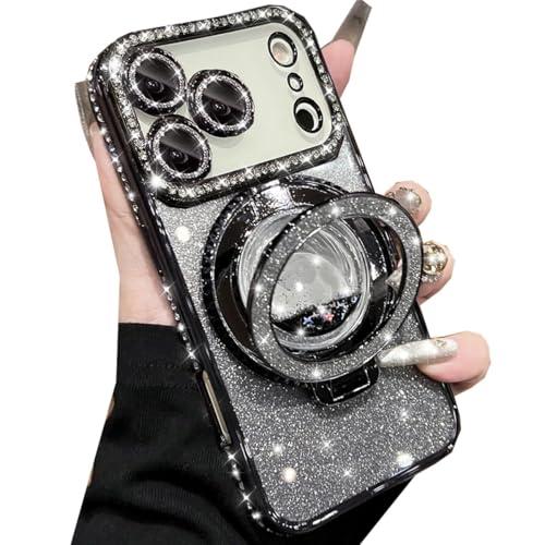 Changjia Glitter Kickstand Case for iPhone 17 Pro Max,Cute Bling Sparkly Diamond Rhinestone with Camera Lens Protector Liquid Flowing Ring Stand TPU Bumper Women Girls Case for iPhone 17 Pro Max,Black