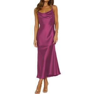 Summer Satin Spaghetti Strap Cowl Neck Backless Midi Dresses for Women Elegant Tie Low Back Ruched Cocktail Dress (Large, Fuchsia)
