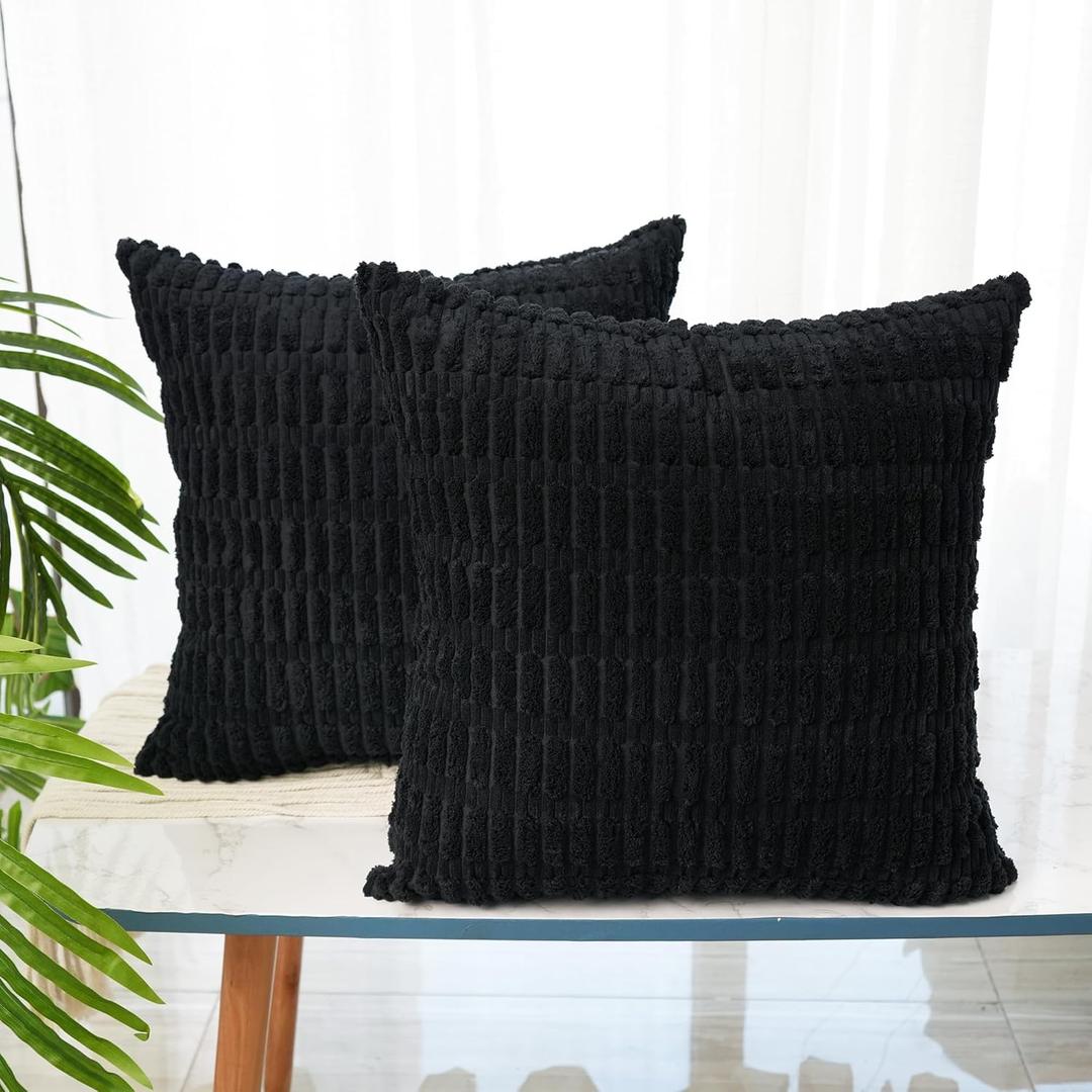 Cyuripu Pack of 2 Corduroy Throw Pillow Covers 22x22 Inch Decorative Soft Boho Striped Couch Pillow Covers Home Decor for Sofa Bedroom Spring Living Room Couch 55x55 Cm Black