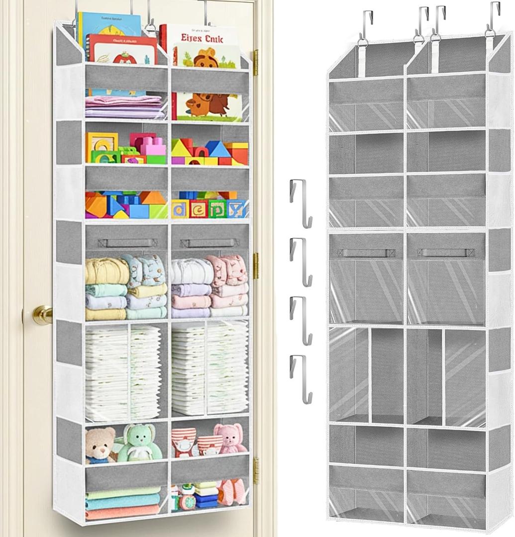 Over the Door Organizer 5 Tiers with Removable Drawers, Extra Large Door Storage of 6 Compartments & 2 Diaper Storage, Double-Column Clear Window Door Hanging Organizer for Nursery,Closet,Pantry(Gray)