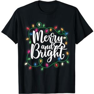 Funny Merry and Bright Christmas Lights Xmas Holiday T-shirt, XL, Black