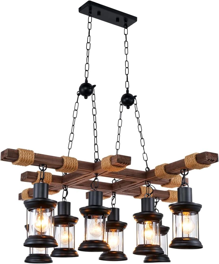 MORE CHANGE 8 Lights Industrial Chandelier Black Metal Vintage Adjustable Hanging Pendant Lighting with Glass Lampshade Modern Ceiling Light Fixture for Kitchen Island Pool Table