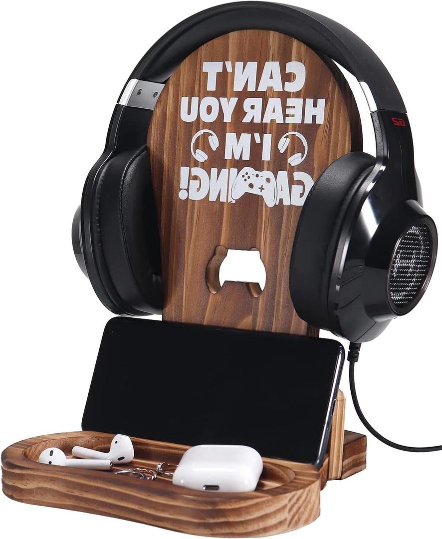 ALEjon Gamer Gifts for Teenage Boy, Man Cave Decor, Best Gifts for Son, Boyfriend, Husband, Gaming Accessories for Room, Wooden Headset Stand for Gaming Desktop- Can't Hear You I'm Gaming