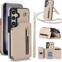 Asuwish Phone Case for Samsung Galaxy S24 FE 5G RFID Wallet Cell Zipper Cover with Tempered Glass Screen Protector Crossbody Strap Credit Card Holder Slot Stand S 24 EF AI S24FE 24S Women Men Beige