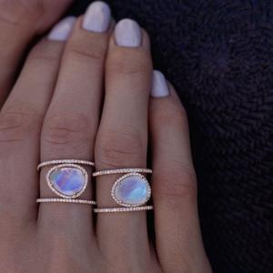 Bohemia Irregular Moonstone Ring - 14K Rose Gold Plated Zircon & Opal Diamond Ring - Transparent Elegant Moonstone Engagement & Cocktail Wedding Band (Size 9)