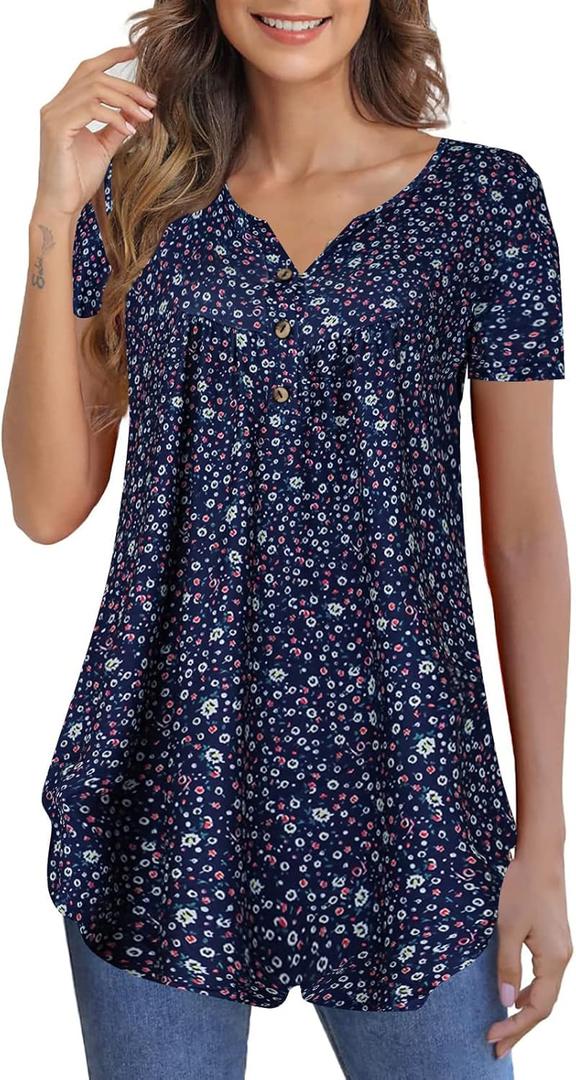 Zyyfly Womens Tank Tops Loose Fit Summer Henley Shirts Pleated Flowy Sleeveless Tunic Tops (XL,Floral-short Sleeve)