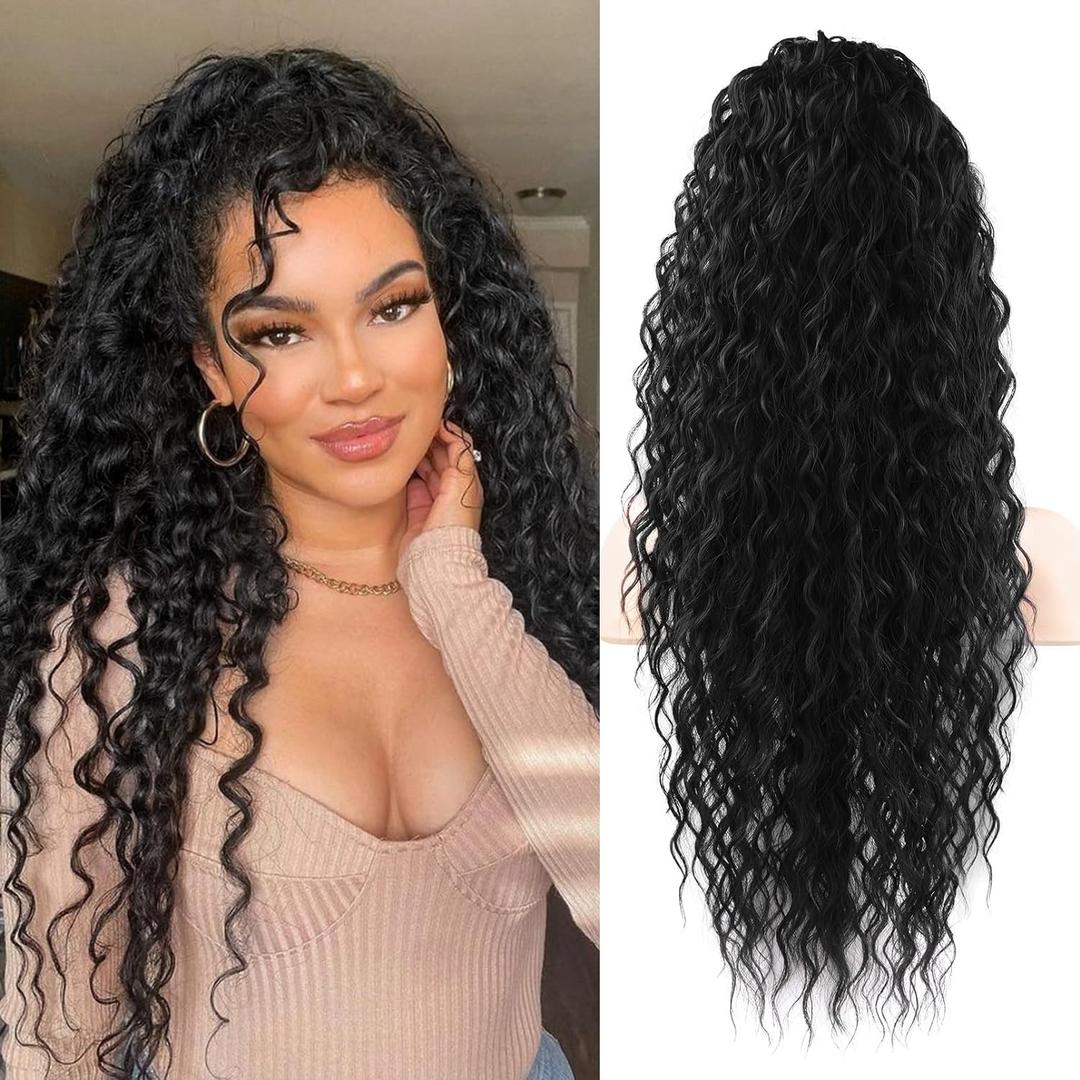 Flufymooz Ponytail Extension, 26 Inch Bohemian Style Drawstring Ponytail Hair Extensions for Women, Long Curly Wavy Pony Tail Natural Synthetic Hairpiece for Women (26 Inch Natural Black)