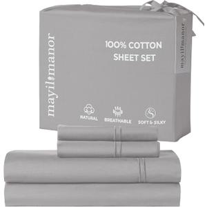 100% Natural Cotton Sheets Queen Size Bed Set | 500 TC Single-Ply Sateen Weave | Soft, Breathable, Hypoallergenic Solid 4-Piece Bedding with Deep Pocket Fitted, Flat, Pillowcase | Grey