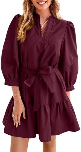 Cicy Bell Womens Puff 3/4 Sleeve Mini Dresses Bow Tie Waist V Neck Casual Trendy Ruffle Tiered Short Dress  X-Large