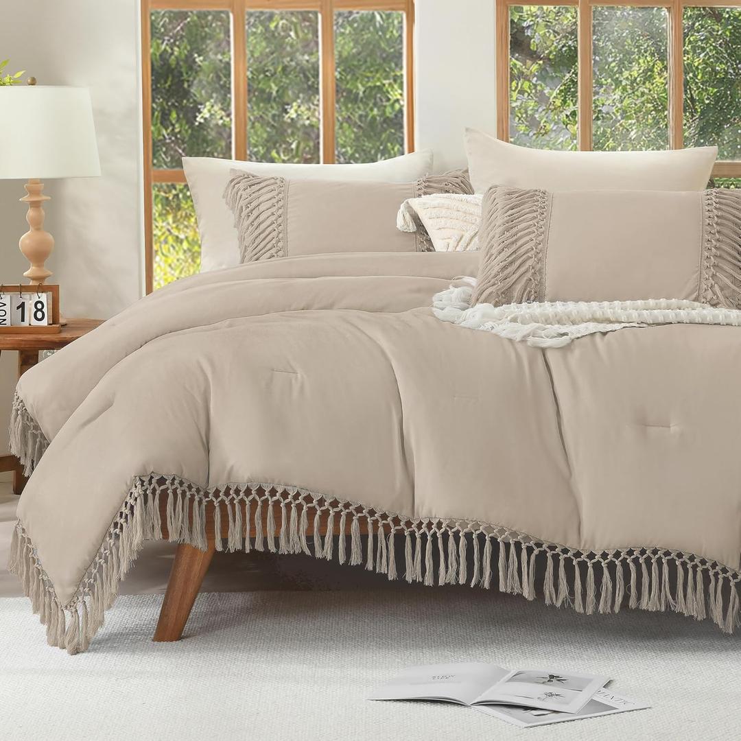 Andency Comforter King Size Set Khaki, 3 Pieces Boho Tassel Lightweight Fluffy Bedding Comforters & Sets, Soft All Season Bed Set (104x90In Comforter & 2 Pillowcases)