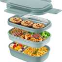 Adult Lunch Box,3 Stackable Bento Lunch Containers for Adults, Modern Minimalist Design Bento Box with Utensil Set, Leak-Proof Lunchbox for Dining Out, Work, Picnic (Green)