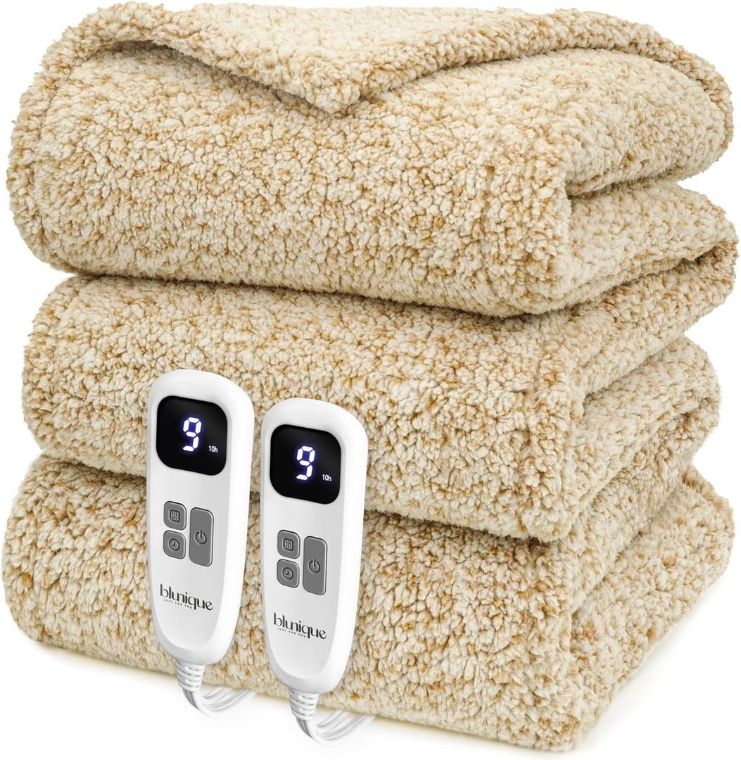 Heated Blanket Electric Blanket Queen - Fast Heating Blanket Throw Dual Control Double Sided Sherpa with 10 Heating Levels & 2-10 Hours Auto Off, Mashine Washable, 84 x 90 Inches, Camel