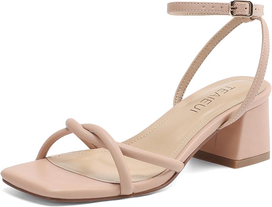 Women's Sandals Strappy Heels for Women Dressy Open Square Toe Comfort Chunky Block Heel Dress Shoes for Prom Party Wedding 8