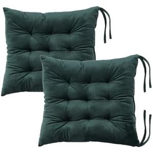 2 Pack Square Seat Cushion Chair Pads for Kitchen Dining Chairs, Soft Comfort Velvet Chair Mat Pillow Cushions with Ties for Office Desk Living Room Tatami 15.5", Dark Green