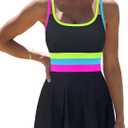 popvil Women One Piece Swimsuit 2026 Tummy Control Bathing Suit Neon Modest Swim Dress with Skirt Full Coverage (Large)