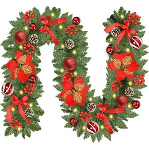 Christmas Garland with Lights, 9FT 30 LED Prelit Christmas Garland with Pinecones, Flowers, Bows, Outdoor Indoor Christmas Decorations Garland Battery Operated with Timer for Stairs, Mantel, Door, Window
