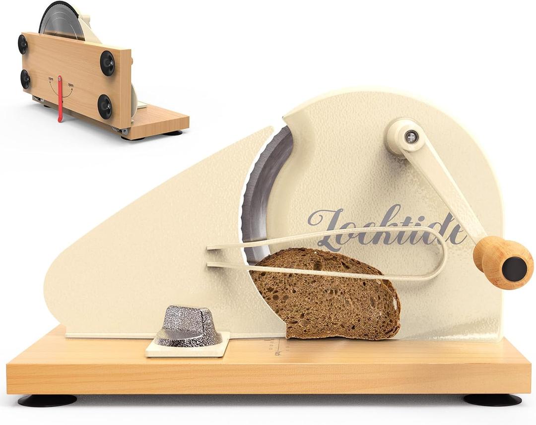 Foldable Extra Large Manual Bread Slicer for Sourdough Bread - Adjustable Thickness & Evenly Slice, with Knob and Scale, Folding Woodbase, Suction Cups and Bread Guide for Bagel, Sandwiches, Toast (Cream)
