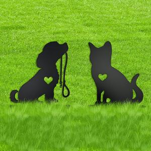 Metal Garden Decor for Outside, Black Silhouette Statues Gifts for Yard Ornaments,Lawn, Patio, Pathway,Outdoor Garden Decor, Lawn Ornaments (Cat+Dog)