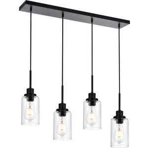 Black Pendant Light Fixtures with Clear Glass, 4-Lights Adjustable Height Hanging Ceiling Lights, Kitchen Island Lighting for Living Room Office Bar Farmhouse