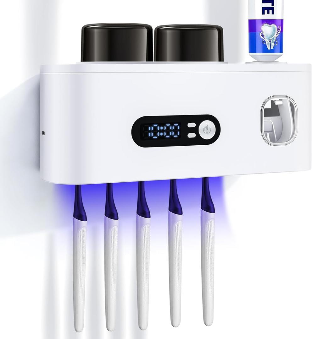 Toothbrush Holder with UV Sanitizer and Toothpaste Dispenser, Timer Display with Wall Mounted Smart Toothbrush Organizer for Bathroom, with 2 Cups and Automatic Sterilization Function, White