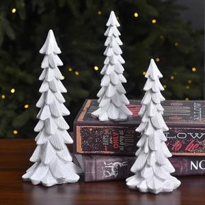 GHOSTMAGIC Christmas Tree Figurines Set of 3, Resin Tabletop Christmas Tree Decor, Elegant Xmas Tabletop Centerpieces for Tables Desk Shelf Mantel Holiday Indoor Decorations (White)