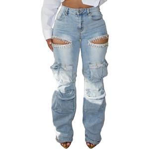 Vakkest Women's Rhinestone Cargo Jeans High Waisted Ripped Distressed Wide Leg Stretchy Denim Pants with Flap Pockets (Large, Blue)